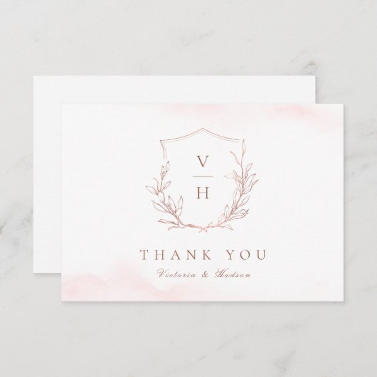Rose Gold einfache botanische Wappen Monogramm Hoc Dankeskarte (Vorne/Hinten)