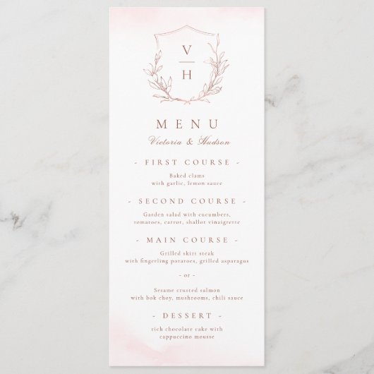 Rose Gold einfache botanische Wappen Monogramm Hoc Menükarte (Vorderseite)