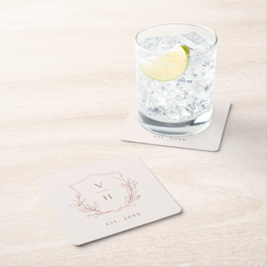 Rose Gold einfache botanische Wappen Monogramm Hoc Rechteckiger Pappuntersetzer (Vor Ort)