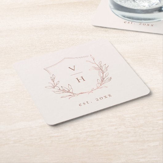 Rose Gold einfache botanische Wappen Monogramm Hoc Rechteckiger Pappuntersetzer (angewinkelt)