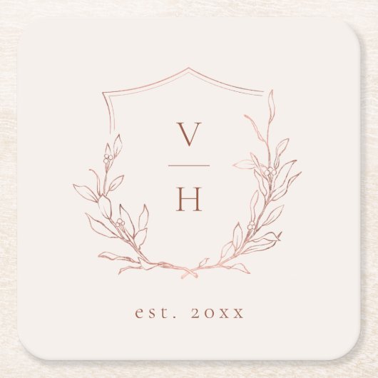 Rose Gold einfache botanische Wappen Monogramm Hoc Rechteckiger Pappuntersetzer (Vorderseite)
