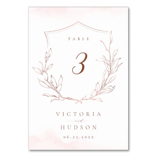 Rose Gold einfache botanische Wappen Monogramm Hoc Tischnummer (Rückseite)