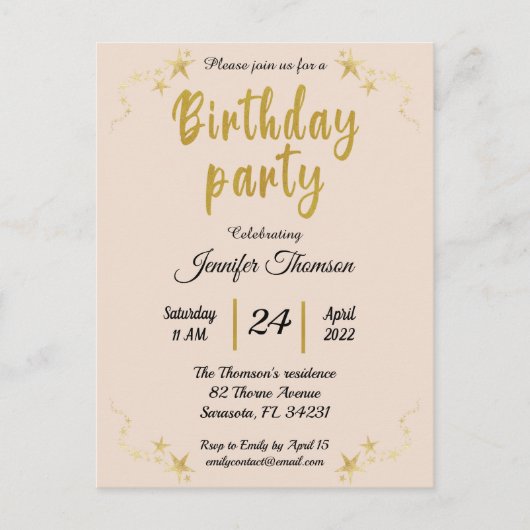 Rose Gold Einladung Geburtstag Postkarte (Vorderseite)