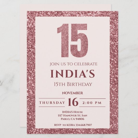 Rose Gold Einladung zum 15. Geburtstag (Vorne/Hinten)