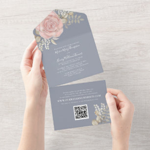 Rose Gold Elegante Aquarellfarben Rose QR Code All In One Einladung