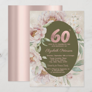 Rose Gold Elegante Blumen 60. Geburtstag Einladung