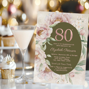 Rose Gold Elegante Blumen 80. Geburtstag  Einladung