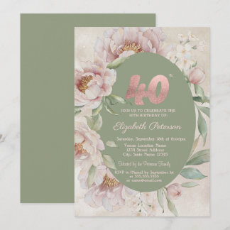 Rose Gold Elegante Blumen Grüne 40. Geburtstag Einladung