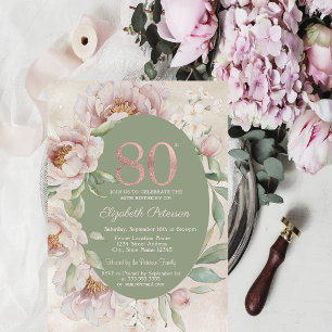 Rose Gold Elegante Blumen Grüne 80. Geburtstag  Einladung