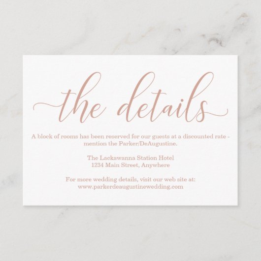 Rose Gold Elegante Kalligrafie Informationen Begleitkarte (Vorderseite)