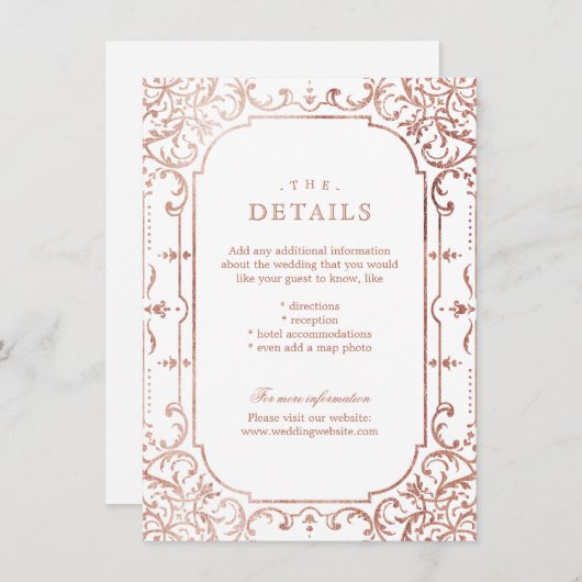 Rose Gold elegante verzierte Jahrgänge Hochzeit De Begleitkarte (Vorne/Hinten)