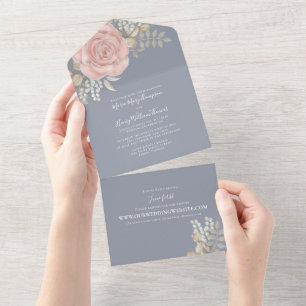 Rose Gold Elegante Wasserfarbe-Floral-Rosen-Laub A All In One Einladung