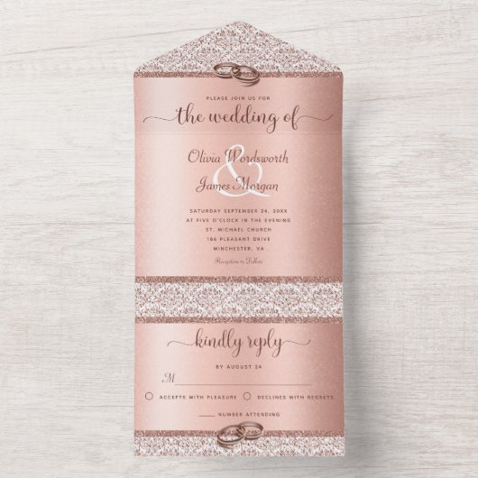 Rose Gold Eleganter Glitzer Damask Hochzeit All In One Einladung (Innen Boden)
