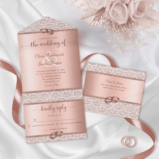 Rose Gold Eleganter Glitzer Damask Hochzeit All In One Einladung