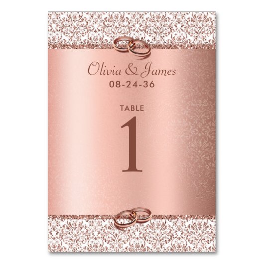 Rose Gold Eleganter metallischer Glitzer Damask Ho Tischnummer (Vorderseite)