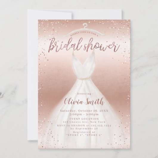 Rose Gold Elegantes Hochzeitskleid Brautparty Einladung (Vorderseite)
