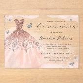 Rose Gold Elegantes Kleid Butterfly Quinceanera Acryleinladungen (Vorderseite)