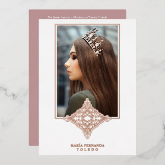 Rose Gold Encaje Español Real Metálico Mis Quince Folieneinladung