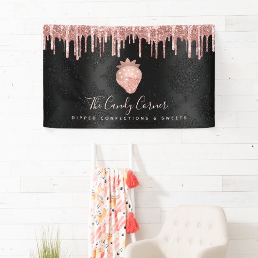 Rose Gold Erdbeere Glitzer Tropfen Confection Blac Banner (Insitu)