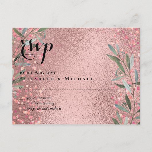 Rose Gold Eukalyptus Blätter Foil Look WEDING Postkarte (Vorderseite)