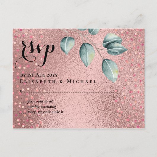 Rose Gold Eukalyptus Blätter Foil Look WEDING Postkarte (Vorderseite)