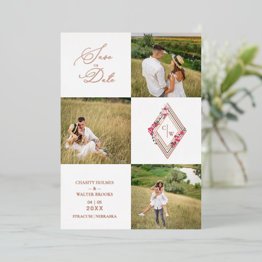 Rose Gold Fancy Modern Collage 3 Photos Wedding Folieneinladung (Stehend vorne)