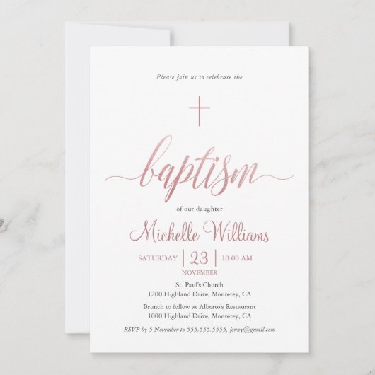 Rose Gold Farbkalligrafie Taufe Einladung (Vorderseite)