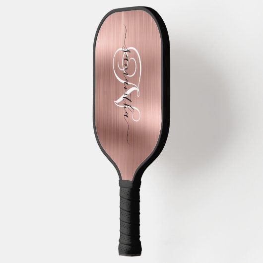 Rose Gold Faux Foil Curly Monogram Pickleball Schläger (Links)