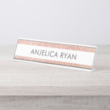 Rose Gold Faux Glitter Custom Name Desk Name Plate