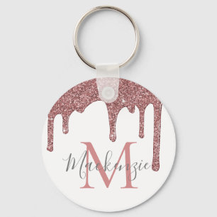 Rose Gold Faux Glitter Tropfen auf Weißem Monogram Schlüsselanhänger