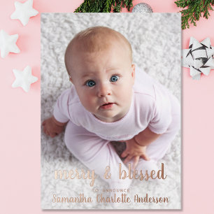 Rose Gold Feiertags-Foto-Geburtsanzeige       Folien Feiertagskarte