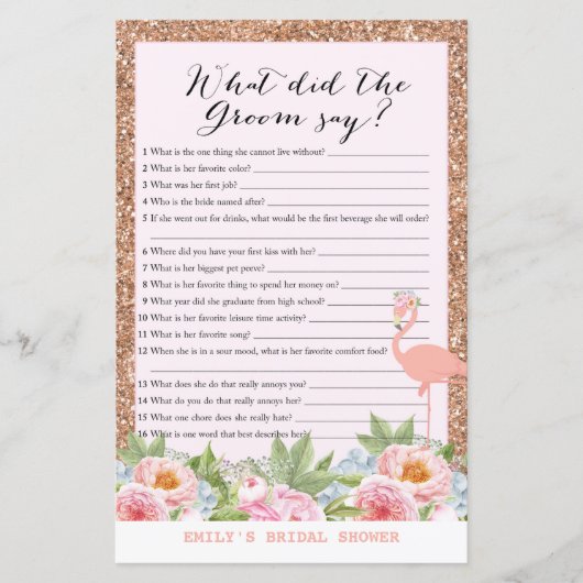 Rose Gold Flamingo Brautparty Game DRUCKT (Vorderseite)