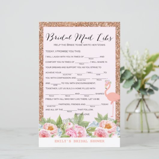 Rose Gold Flamingo Brautparty Game DRUCKT (Stehend Vorderseite)