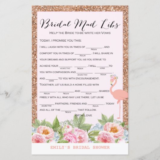 Rose Gold Flamingo Brautparty Game DRUCKT (Vorderseite)