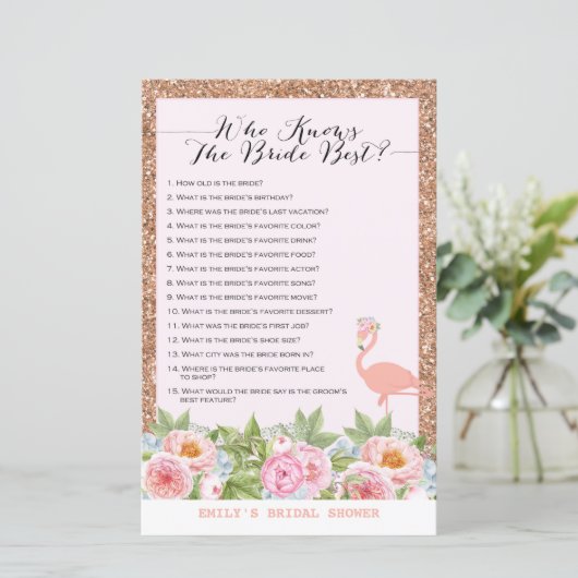 Rose Gold Flamingo Brautparty Game DRUCKT (Stehend Vorderseite)
