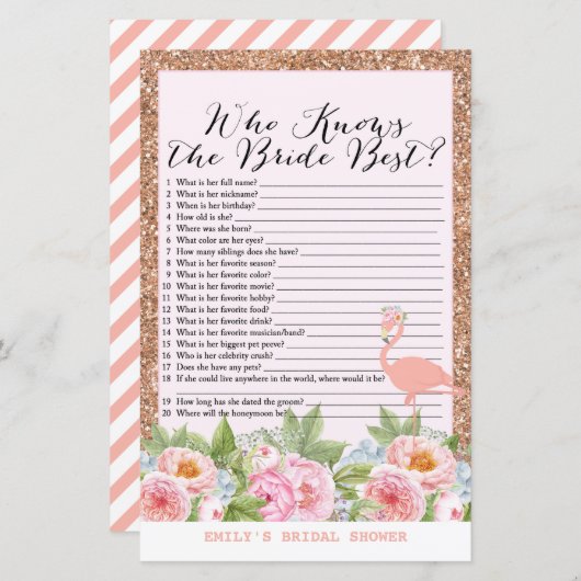 Rose Gold Flamingo Brautparty Game DRUCKT (Vorne/Hinten)