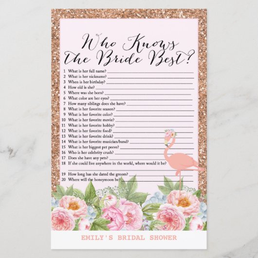 Rose Gold Flamingo Brautparty Game DRUCKT (Vorderseite)