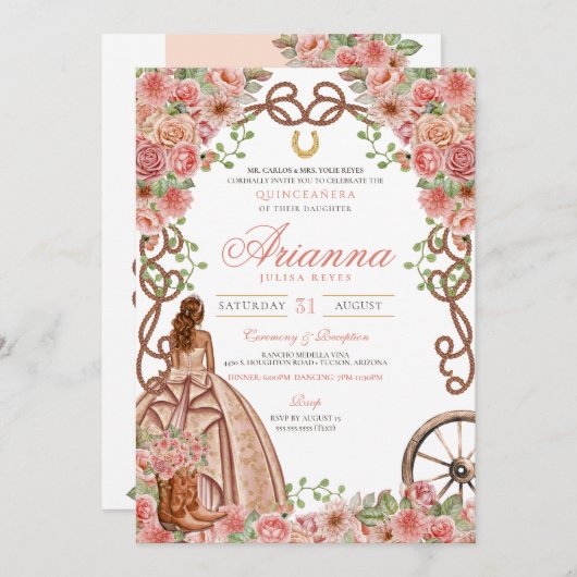 Rose Gold Flora Western Charro Quinceñera Einladung (Vorne/Hinten)