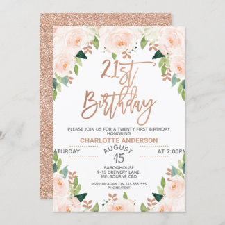 Rose Gold Floral 21. Geburtstag Einladung
