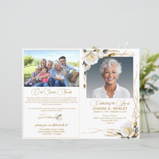 Rose & Gold Floral 2 Foto Beerdigung Programm (Stehend Vorderseite)