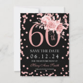 Rose Gold Floral 60. Save the Date Schwarz Einladung (Vorderseite)