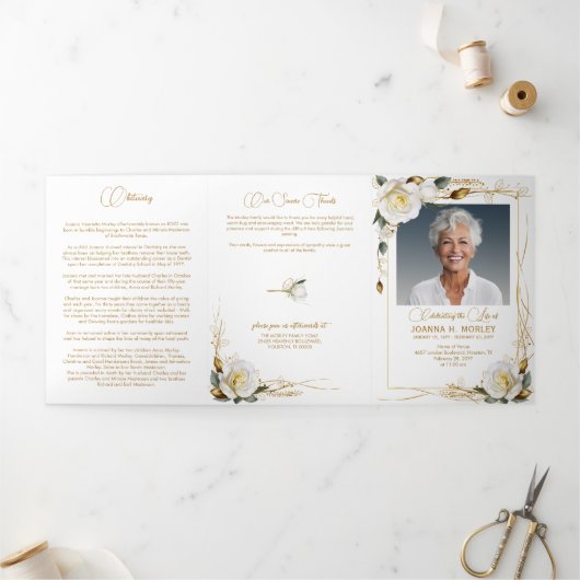 Rose & Gold Floral 6 Foto Gedicht Beerdigung Progr Dreifach-gefaltete Programmkarte (Außenbereich)