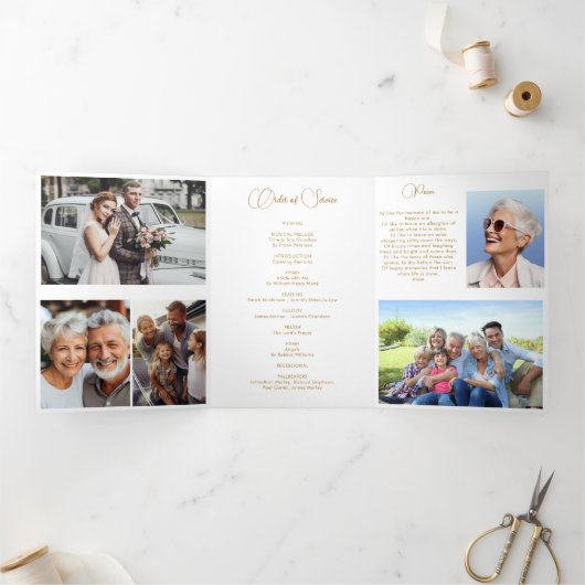 Rose & Gold Floral 6 Foto Gedicht Beerdigung Progr Dreifach-gefaltete Programmkarte (Innenseite)