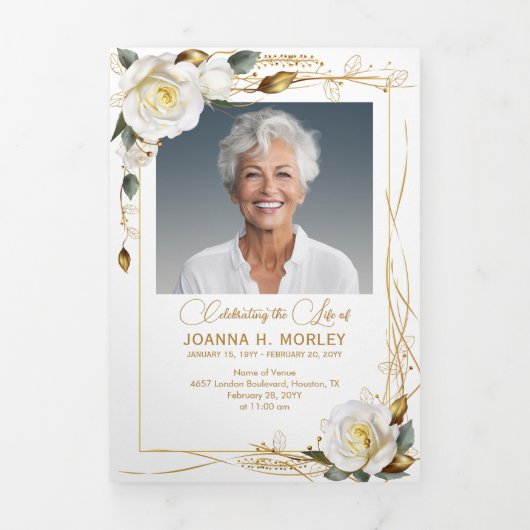 Rose & Gold Floral 6 Foto Gedicht Beerdigung Progr Dreifach-gefaltete Programmkarte (Cover)