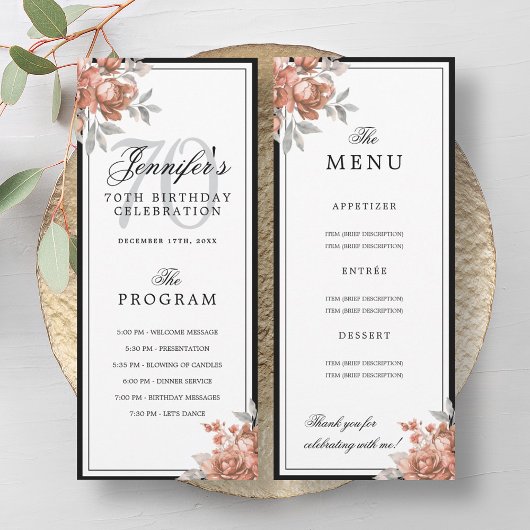 Rose Gold Floral 70th Birthday Program Menu  Einladung