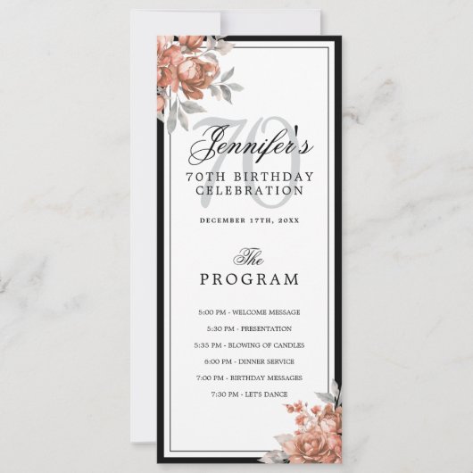 Rose Gold Floral 70th Birthday Program Menu Einladung (Vorderseite)