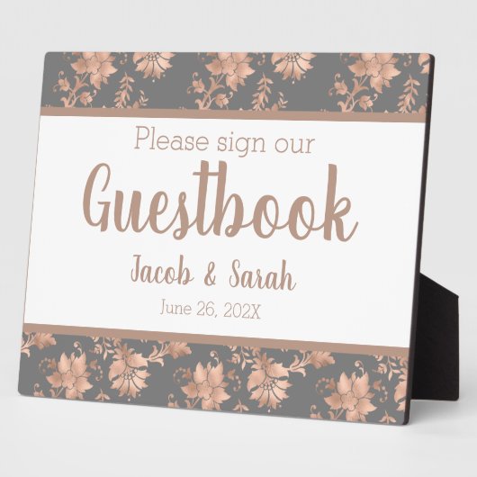 Rose Gold Floral auf Grau Gästebuchtisch Fotoplatte (Seite)
