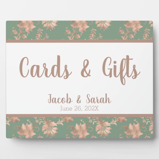 Rose Gold Floral auf Green Wedding Table Plaque Fotoplatte (Vorderseite)