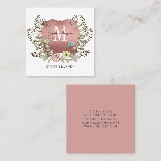 Rose Gold Floral Banner Eventplaner Quadratische Visitenkarte (Vorne/Hinten)