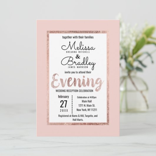 Rose Gold Floral Blush Pink Pinsel Script Abend Einladung (Stehend Vorderseite)